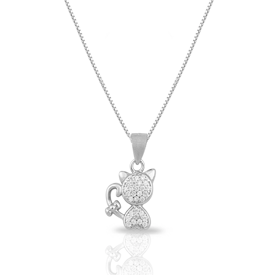 Gargantilha em Prata com Pingente de Gato com Zircônias Cristal