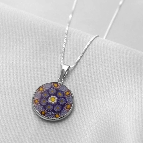 Gargantilha de Prata com Pingente em Murano Azul com Flor Amarela M