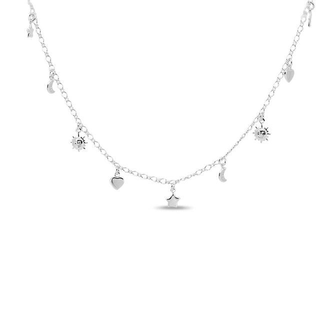 Choker de Prata Leve com Coração, Estrela, Lua e Sol