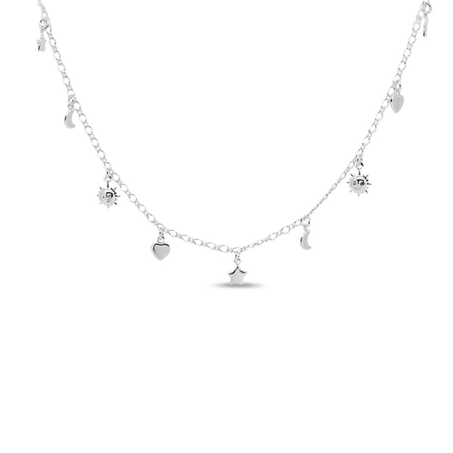 Choker de Prata Leve com Coração, Estrela, Lua e Sol
