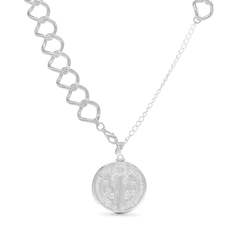 Choker de Prata Leve com Elos Lisos e Medalha de São Bento