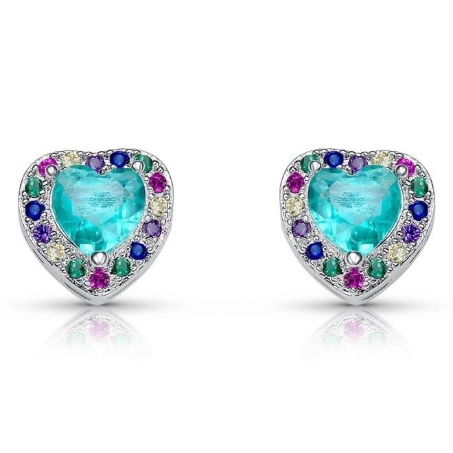 Brinco De Prata Leve Top Coração com Zircônia Esmeralda e Zircônias Coloridas