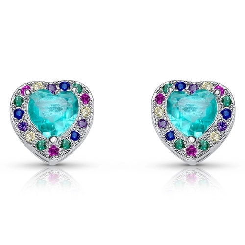 Brinco De Prata Leve Top Coração com Zircônia Esmeralda e Zircônias Coloridas