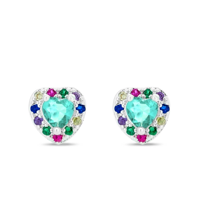 Brinco De Prata Leve Top Coração com Zircônias Coloridas