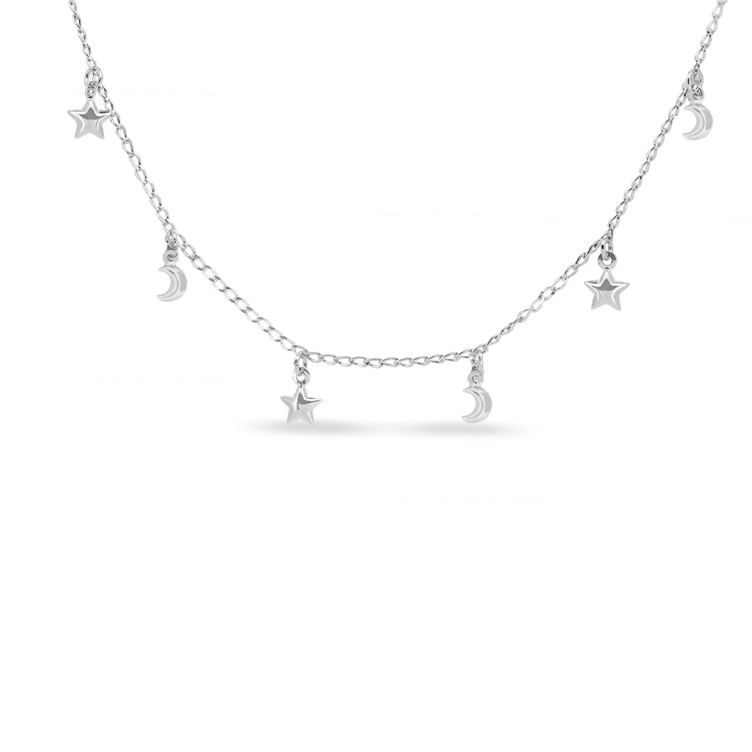 Choker de Prata com Berloques de Estrelas e Luas