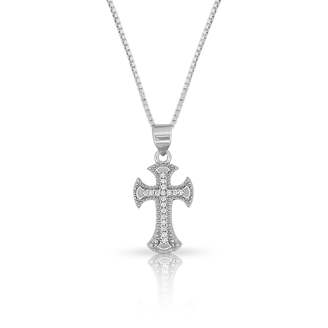 Gargantilha de Prata Cruz Trabalhada com Zircônia Cristal
