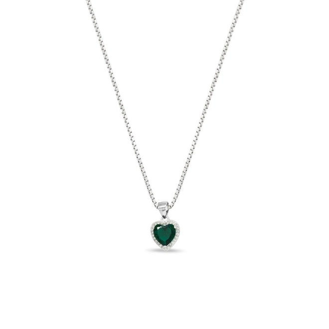 Gargantilha de Prata com Coração de Zircônia Cristal e Zircônia Esmeralda
