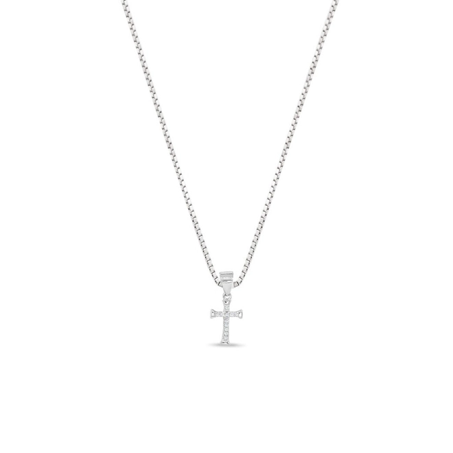 Gargantilha de Prata com Pingente de Cruz e Zircônia Cristal