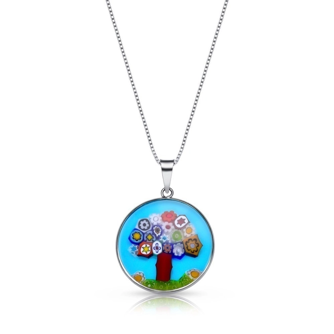 Gargantilha em Prata  Murano Azul  com Árvore da Vida Colorida