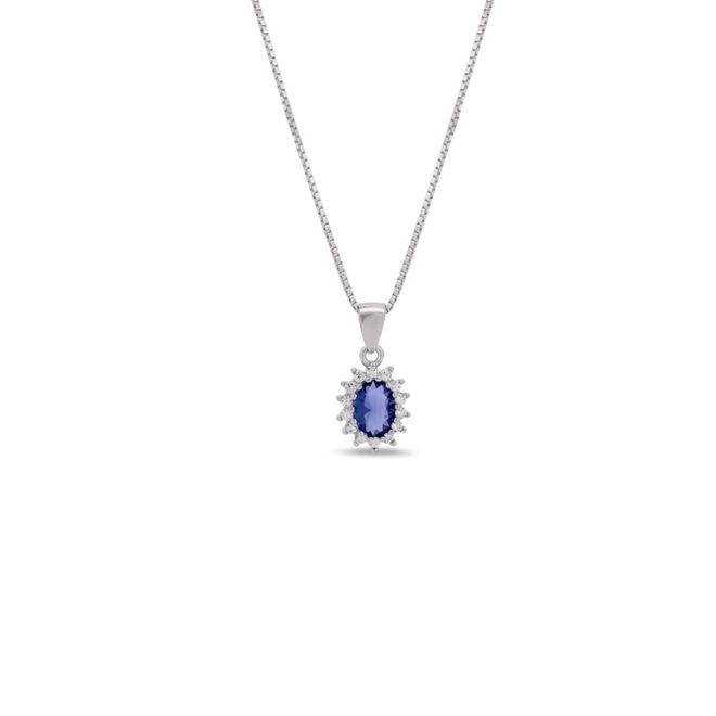 Gargantilha de Prata com Pingente Oval de Zircônia Safira e Zircônias Cristal