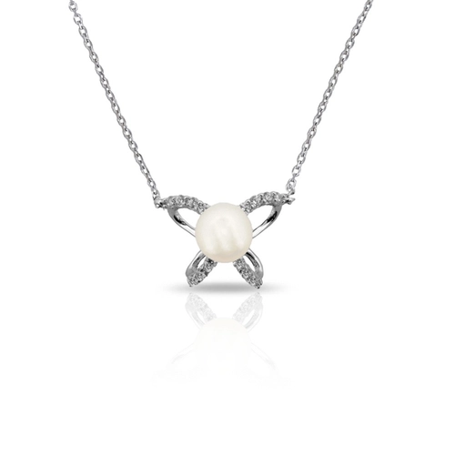 Gargantilha de Prata Laço com Zircônia Cristal e Pérola Biwa