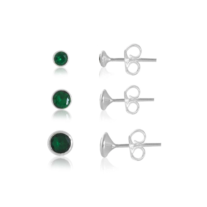 Brinco De Prata Redondo Kit Três Furos Com Zircônia Esmeralda