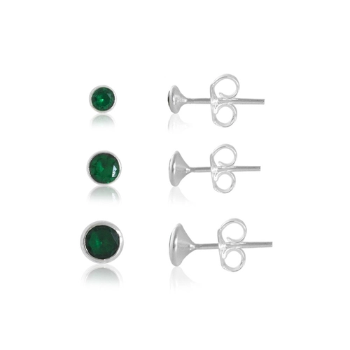 Brinco De Prata Redondo Kit Três Furos Com Zircônia Esmeralda