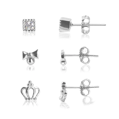 Brinco de Prata Kit Laço, Coroa e Quadrado com Zircônia Cristal