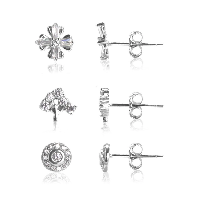 Brinco de Prata Kit Redondo, Flor e Árvore da Vida com Zircônia Cristal