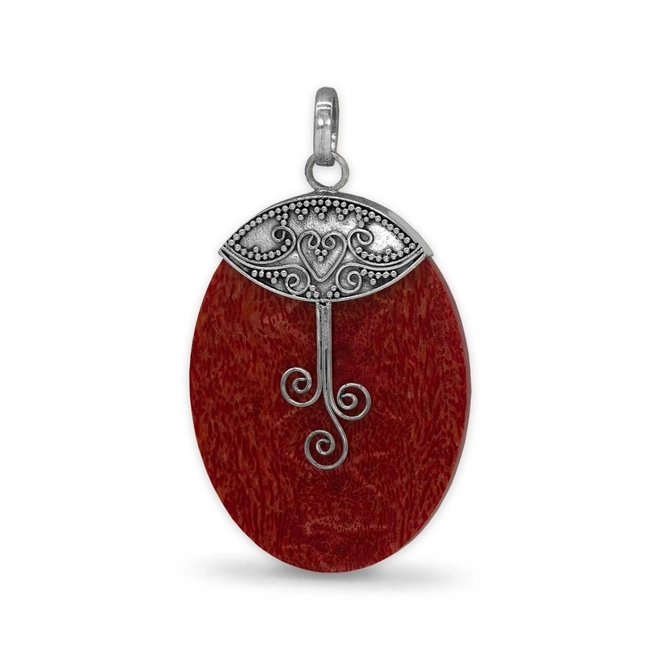 Pingente de Prata com Coral Esponja Oval e Trabalhado Envelhecido