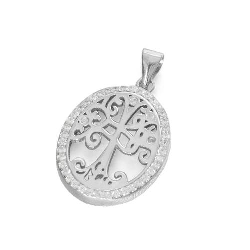 Pingente de Prata Encanto Oval Árvore da Vida com Zircônia Cristal
