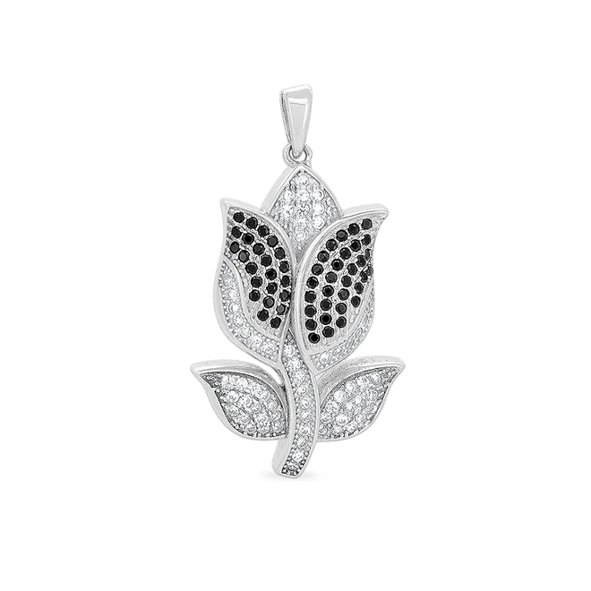 Pingente de Prata Tulipa com Zircônias Cristal e Zircônias Ônix