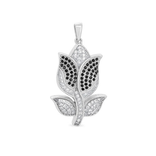 Pingente de Prata Tulipa com Zircônias Cristal e Zircônias Ônix