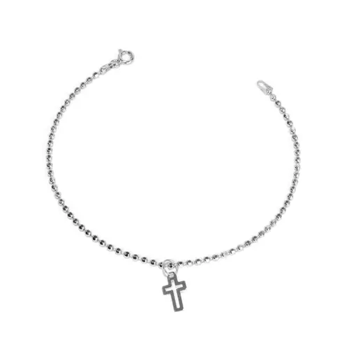 Pulseira de Prata com Esferas Diamantadas e Pingente de Cruz