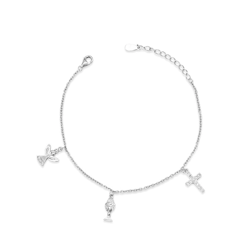 Pulseira de Prata Anjo, Cálice e Cruz com Zircônia Cristal