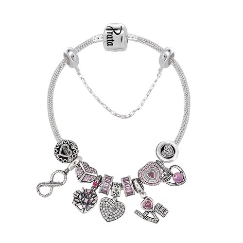 Pulseira De Prata Com Berloques Symbol Love E Zircônias