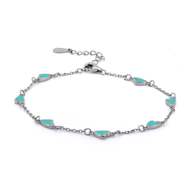 Pulseira de Prata Com Corações em Resina Azul