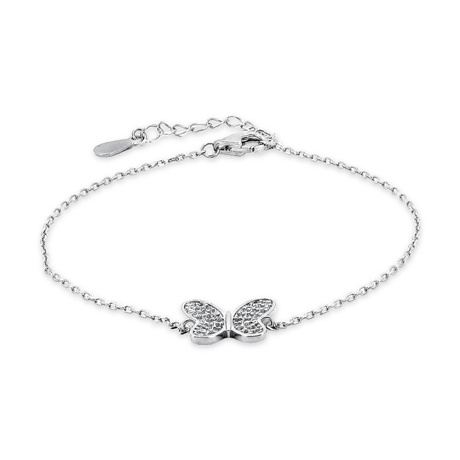 Pulseira de Prata com Elos Espelhados e Borboleta de Zircônia Cristal