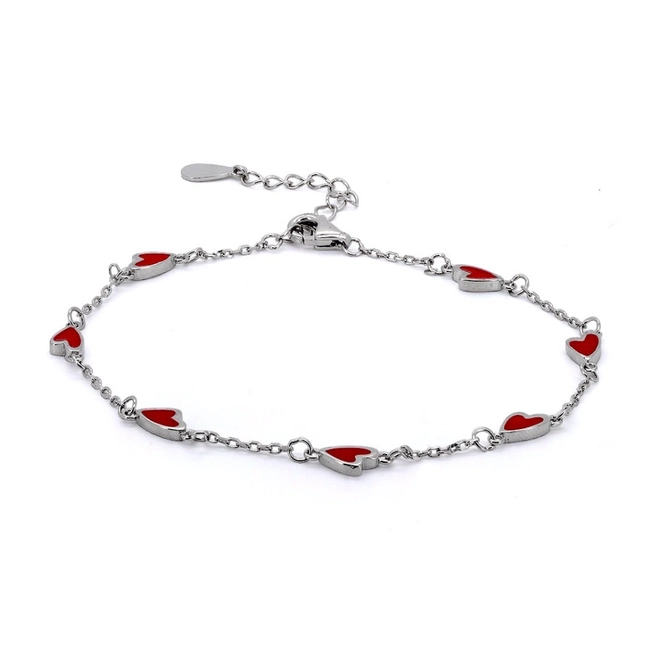 Pulseira de Prata Com Corações em Resina Vermelha