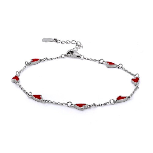 Pulseira de Prata Com Corações em Resina Vermelha
