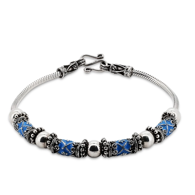 Pulseira de Prata Estilo Bali com Resina Azul e Esferas Espelhadas