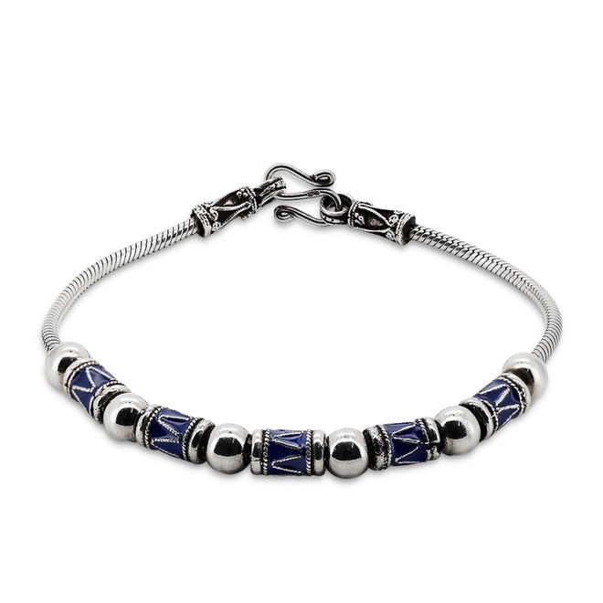 Pulseira de Prata Estilo Bali com Resina Azul Marinho e Esferas Espelhadas