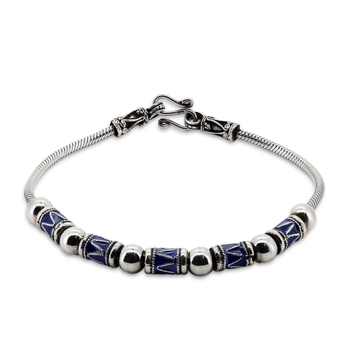 Pulseira de Prata Estilo Bali com Resina Azul Marinho e Esferas Espelhadas