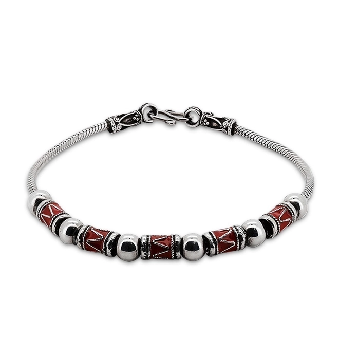 Pulseira de Prata Estilo Bali com Resina Vermelha e Esferas Espelhadas