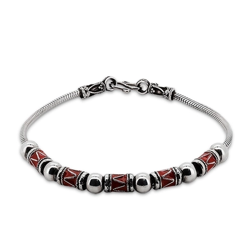 Pulseira de Prata Estilo Bali com Resina Vermelha e Esferas Espelhadas