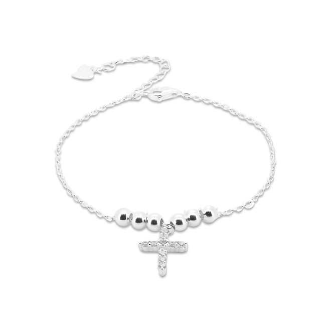 Pulseira de Prata com Elos Espelhados e Cruz de Zircônia Cristal