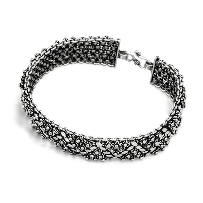 Pulseira de Prata Estilo Bali com Flor e Chapa Espelhada Oval