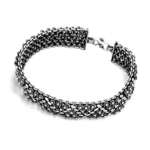 Pulseira de Prata Estilo Bali com Flor e Chapa Espelhada Oval