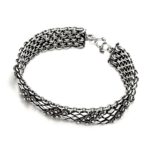 Pulseira de Prata Estilo Bali Quatro Fileiras com Flores Envelhecidas