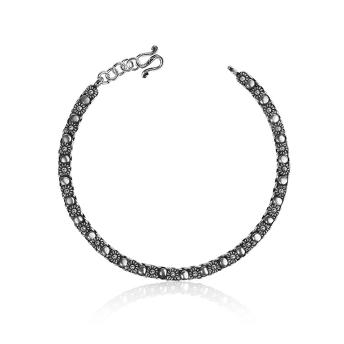 Pulseira De Prata Estilo Bali Com Flor Envelhecida e Chapa Redonda