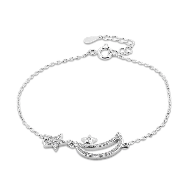 Pulseira de Prata  com Lua e Estrela de  Zircônia Cristal