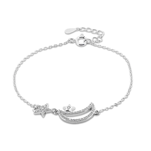 Pulseira de Prata  com Lua e Estrela de  Zircônia Cristal