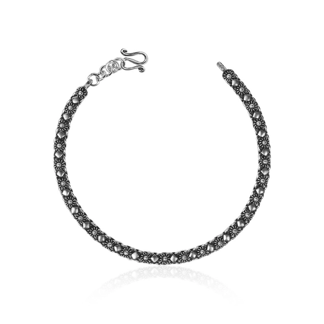 Pulseira De Prata Estilo Bali Com Flor Envelhecida e Losango