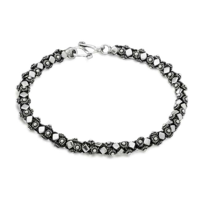Pulseira de Prata Estilo Bali Roliça com Flor e Chapa Losango