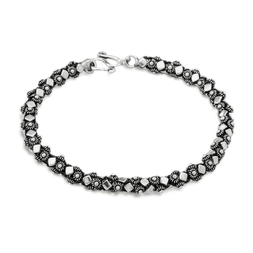 Pulseira de Prata Estilo Bali Roliça com Flor e Chapa Losango