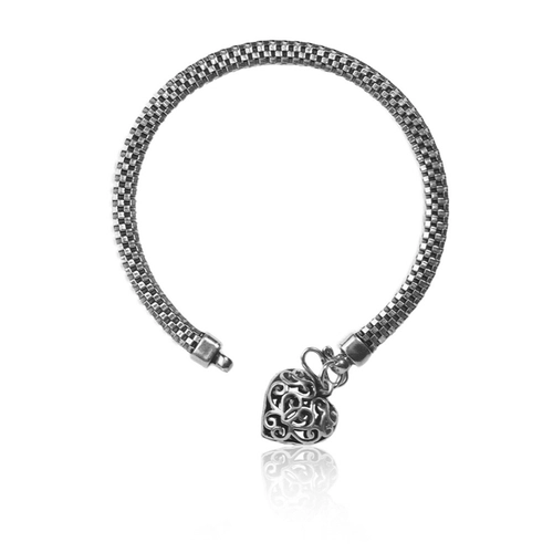 Pulseira em Prata Estilo Bali Oca com Coração Vazado