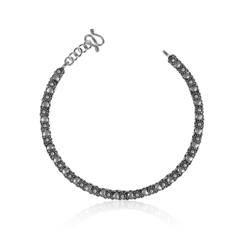 Pulseira De Prata Estilo Bali Com Flor Envelhecida e Chapa de Coração