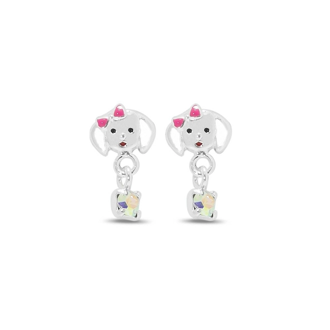 Brinco de Prata Leve Infantil Cachorro com Cristal