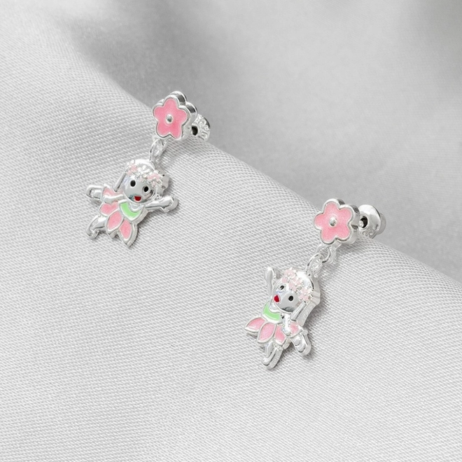 Brinco de Prata Leve Infantil Flor Rosa com Menina