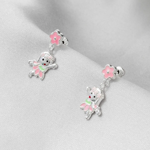 Brinco de Prata Leve Infantil Flor Rosa com Menina